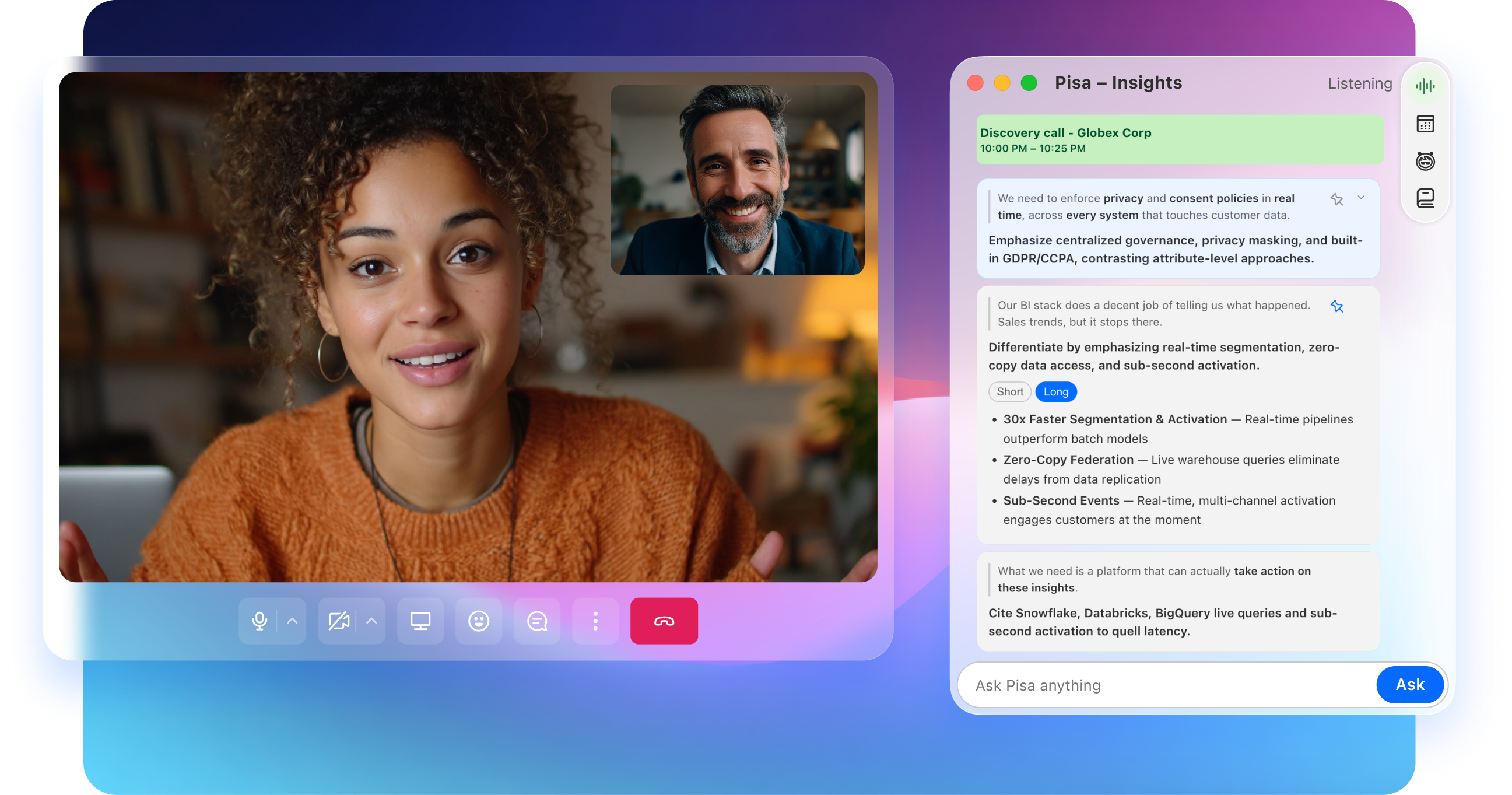 PISA app showing next meetings alongside a video call